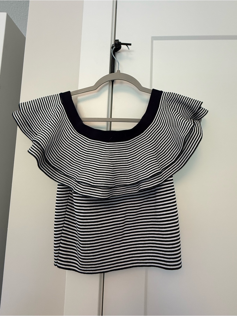 English Factory Black & White Striped Off-Shoulder Ruffle Crop Top